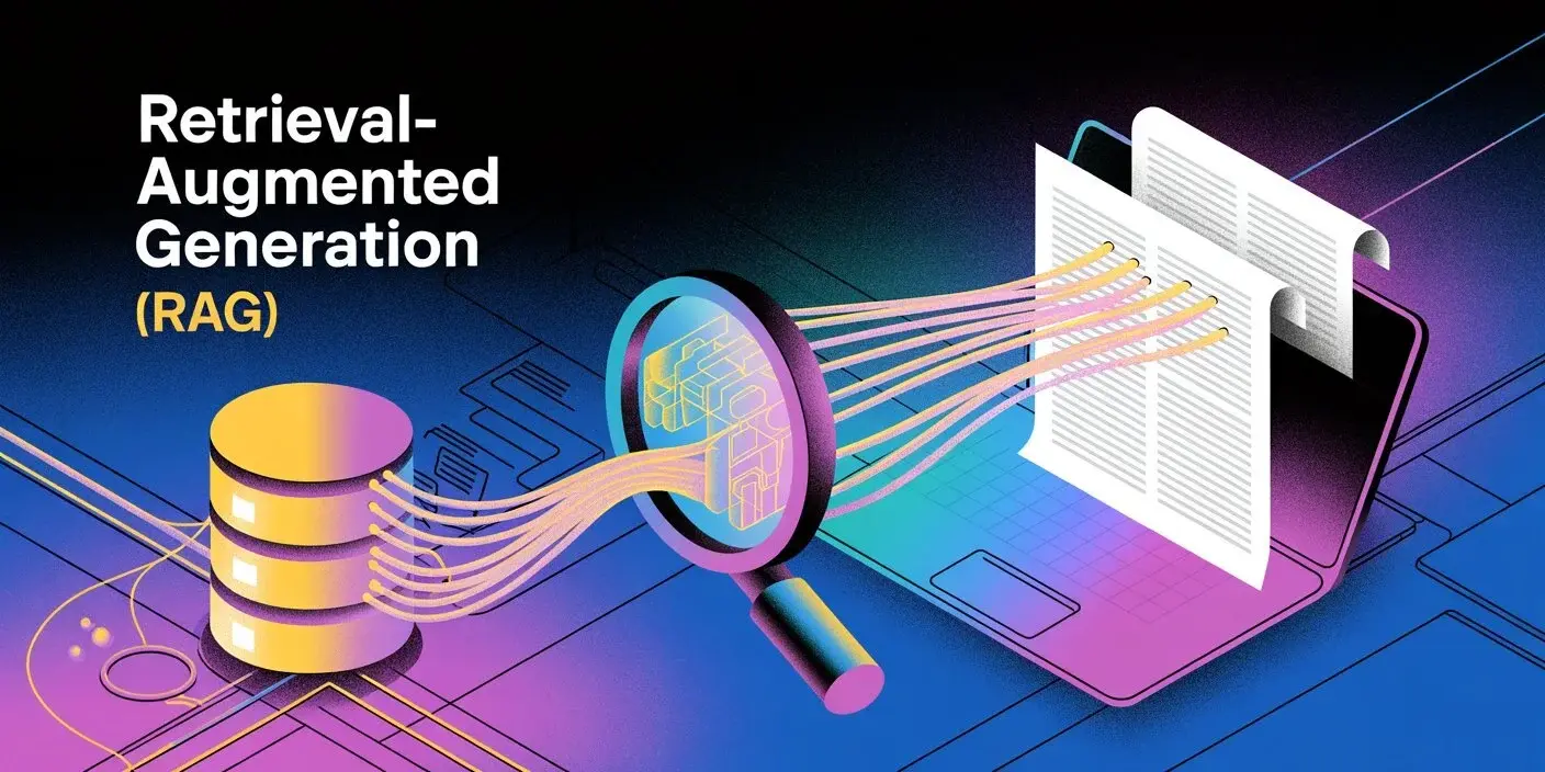 Illustration of Retrieval-Augmented Generation (RAG) showing data flowing from a database through a magnifying glass into documents to improve AI chatbot accuracy.